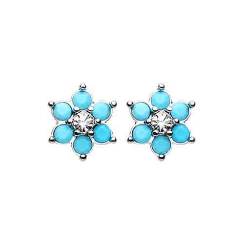Turquoise/Clear Turquoise Spring Flower Sparkle Ear Stud Earrings - 1 Pair