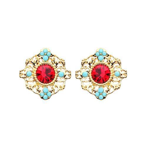Stud Earrings Turquoise/Red Golden Vintage Boho Filigree Flower Ear Stud Earrings - 1 Pair -Rebel Bod-RebelBod