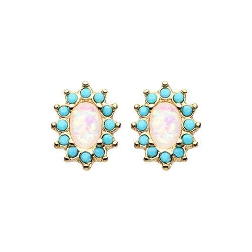 Turquoise/White Golden Elegant Opal Turquoise Ear Stud Earrings - 1 Pair
