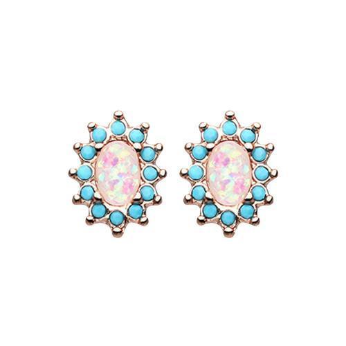 Turquoise/White Rose Gold Elegant Opal Turquoise Ear Stud Earrings - 1 Pair