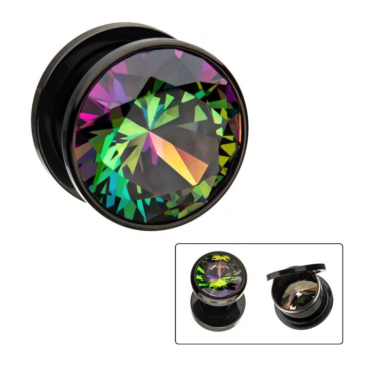 Plugs Earrings - Double Flare Vitrail Medium Gem Black Plated Plugs - 1 Pair sbvps2836kw -Rebel Bod-RebelBod