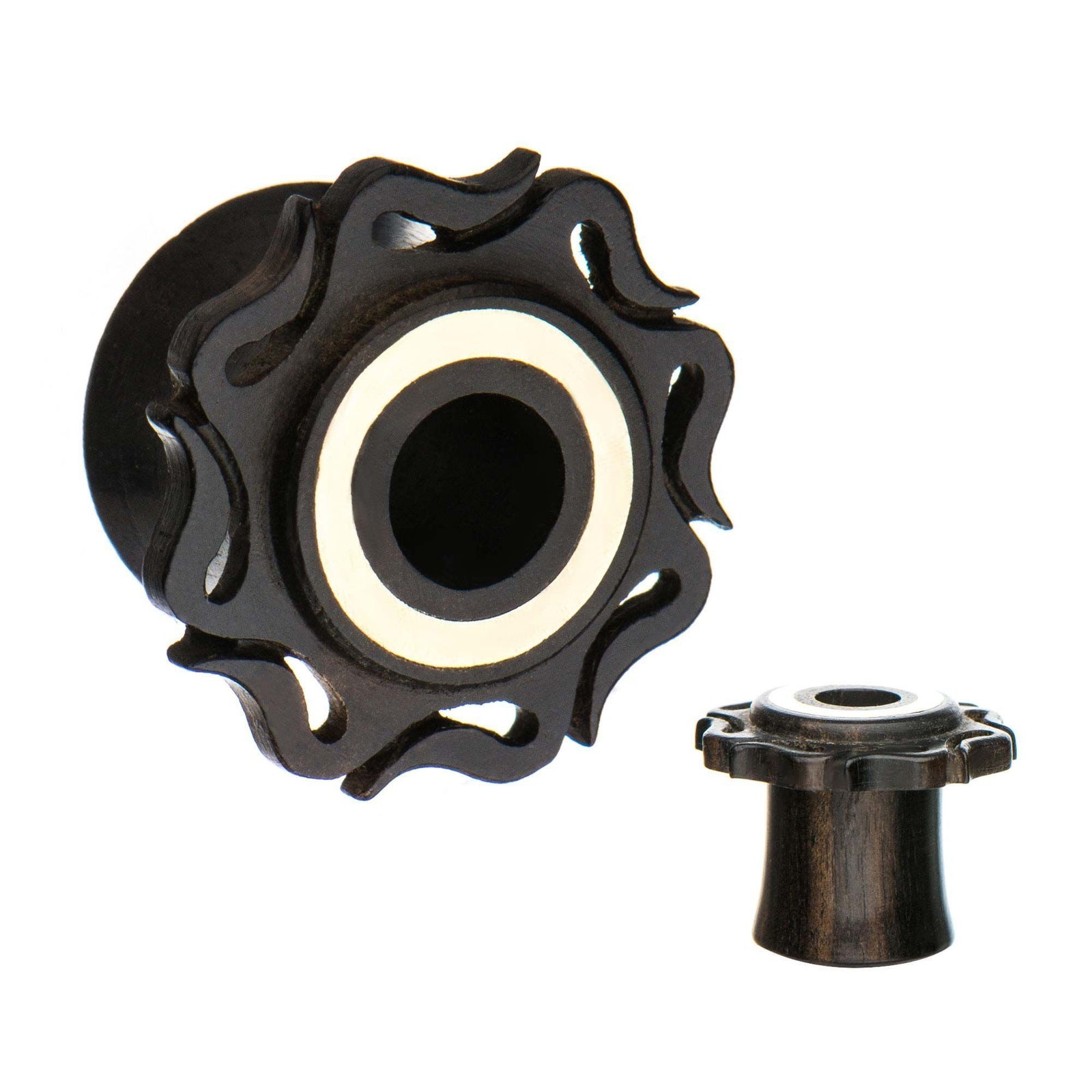 Wavy Iron Wood Tunnel Double Flared Ear Gauge Plugs Brass Cap Ring Inlayed in Middle - 1 Pair