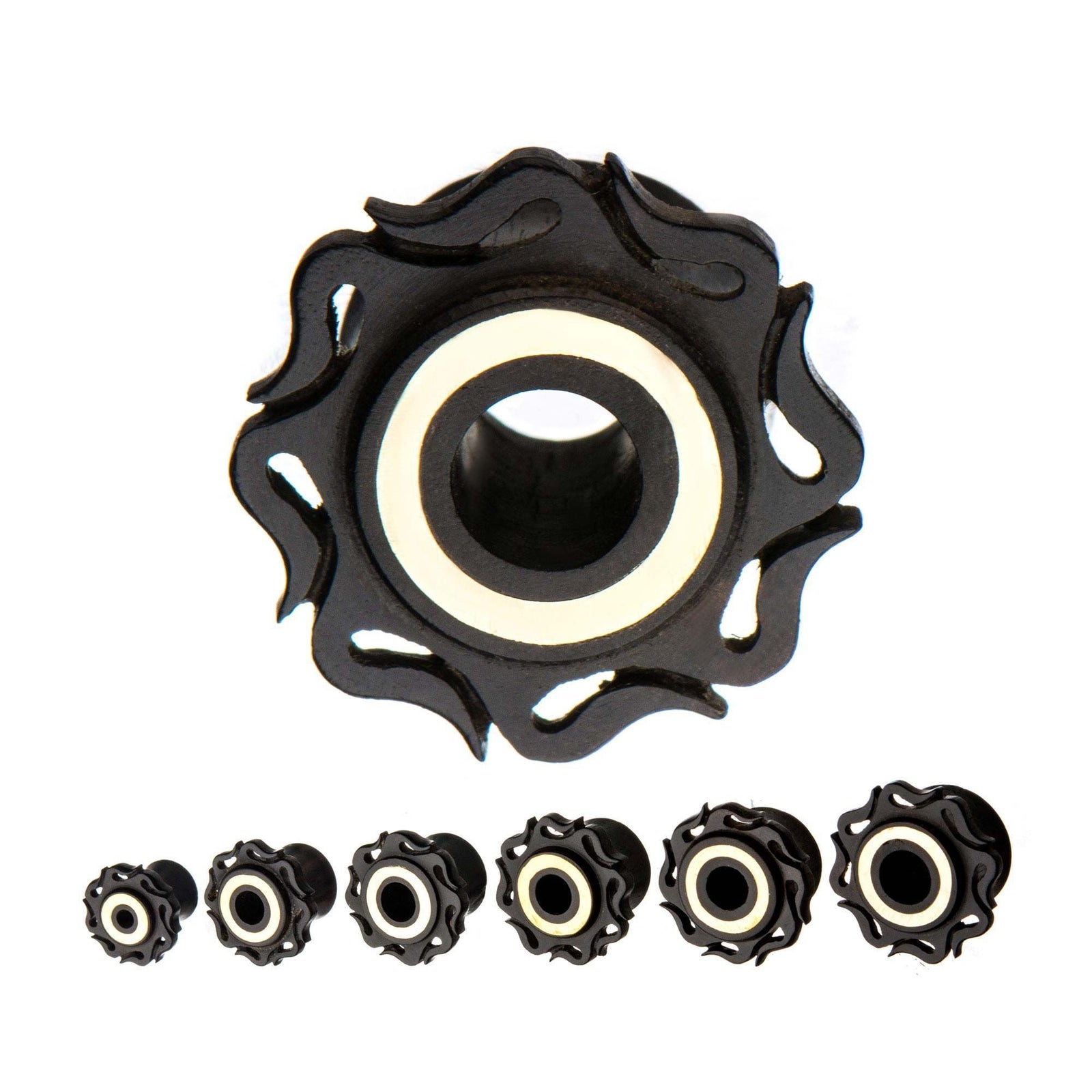 Wavy Iron Wood Tunnel Double Flared Ear Gauge Plugs Brass Cap Ring Inlayed in Middle - 1 Pair