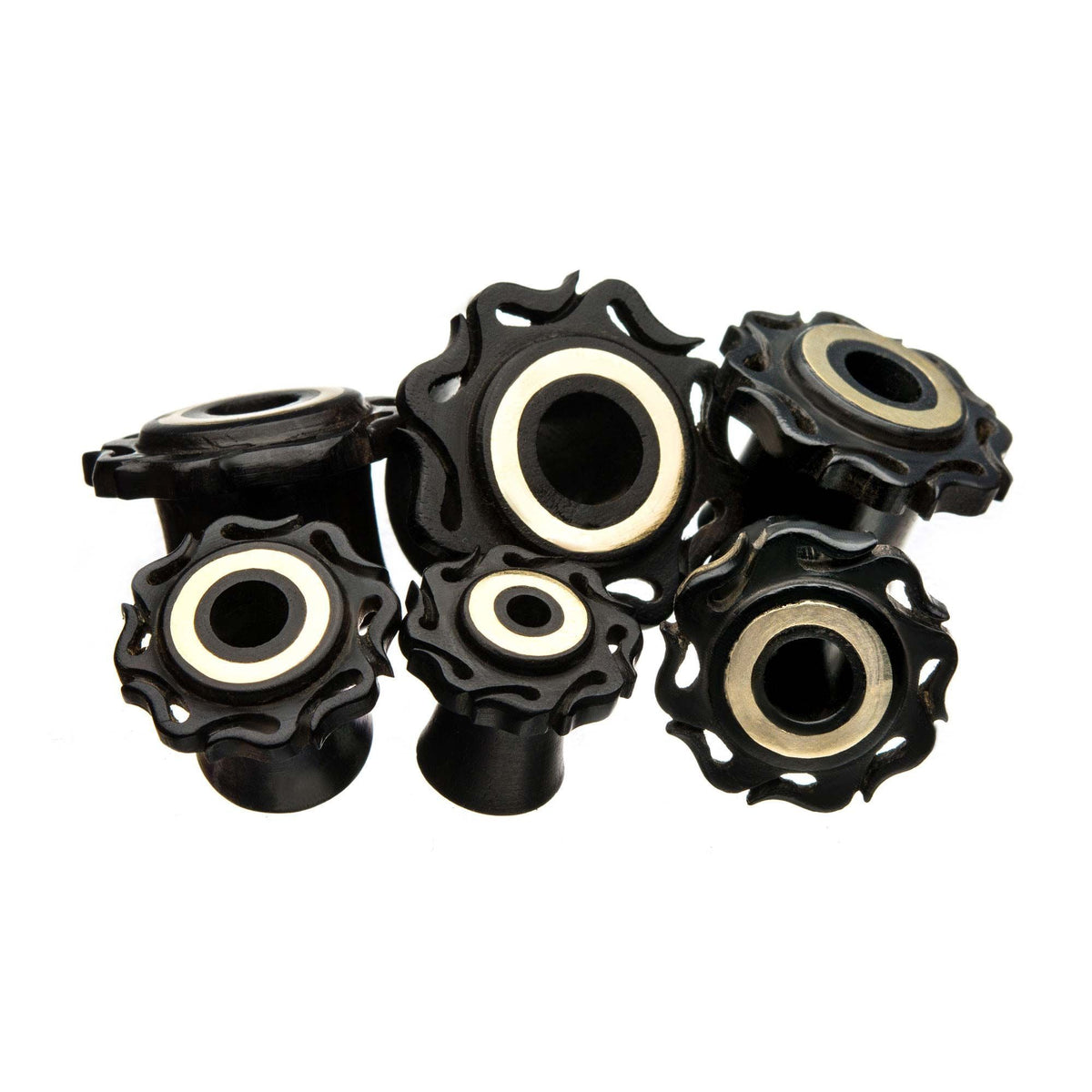Wavy Iron Wood Tunnel Double Flared Ear Gauge Plugs Brass Cap Ring Inlayed in Middle - 1 Pair