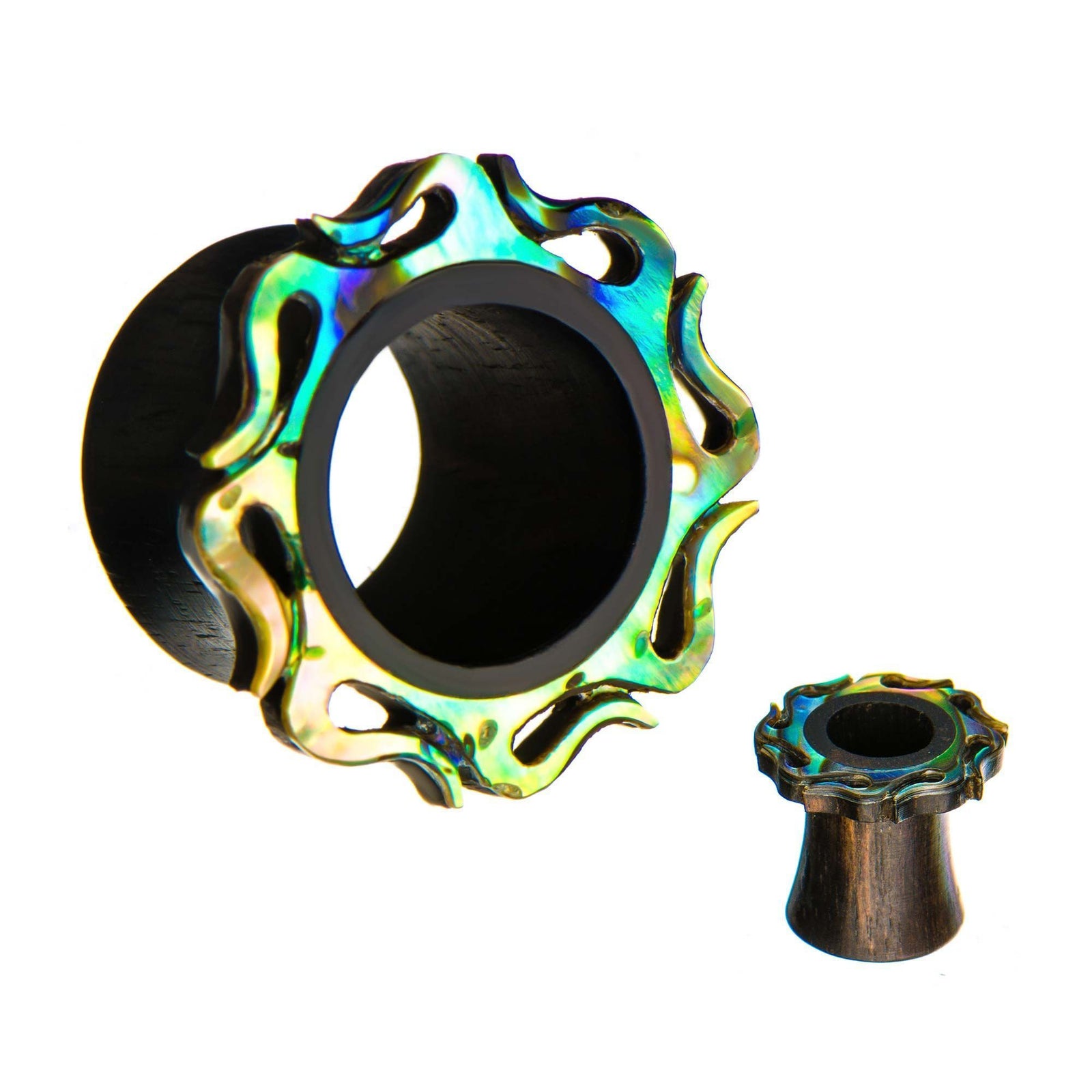 Wavy Iron Wood Abalone Shell Double Flared Ear Gauge Tunnel Plugs - 1 Pair