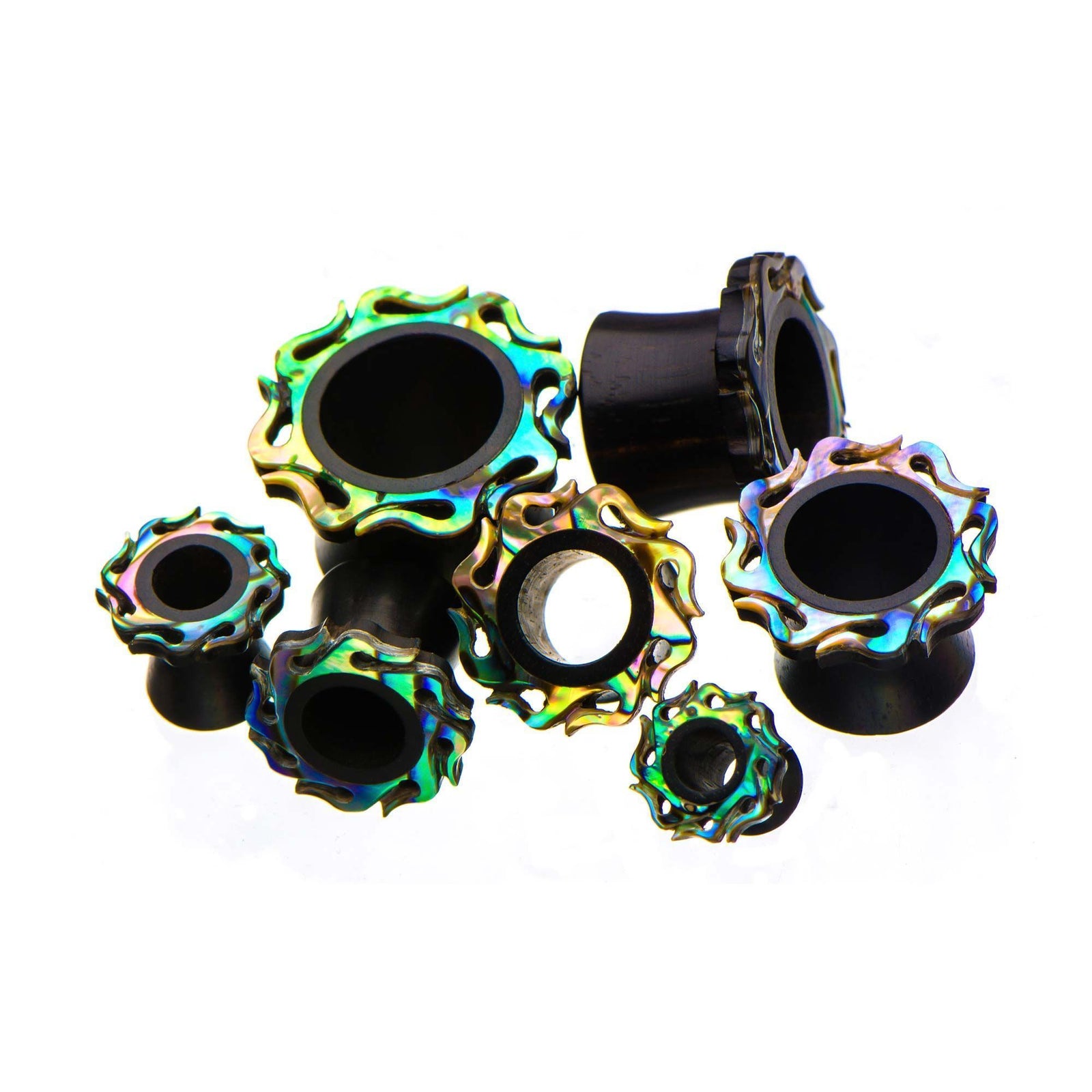 Wavy Iron Wood Abalone Shell Double Flared Ear Gauge Tunnel Plugs - 1 Pair