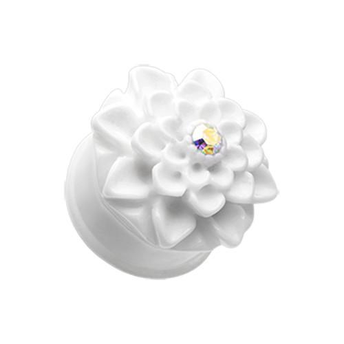 White Charming Chrysanthemum Flower Single Flared Ear Gauge Plug - 1 Pair