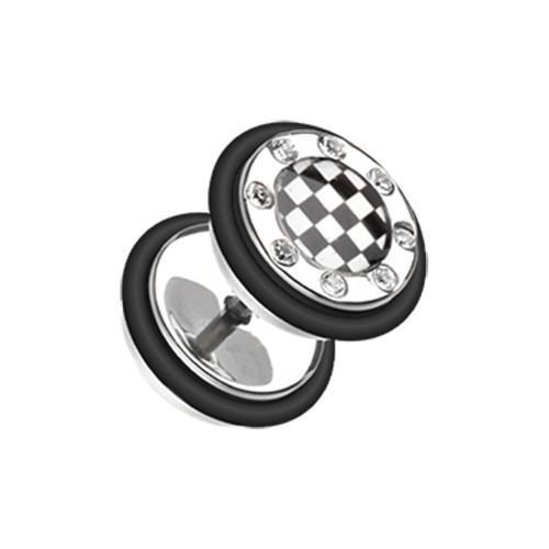 White Checker Gem Rimmed Fake Plug - 1 Pair