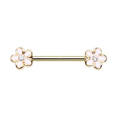 White/Clear Golden Plumeria Petal Flower Nipple Barbell - 1 Piece