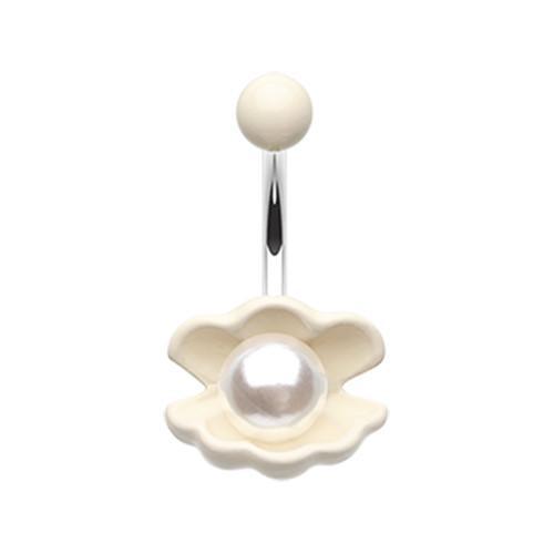 White Cream White Ariel&#39;s Shell w/ Pearl Belly Button Ring