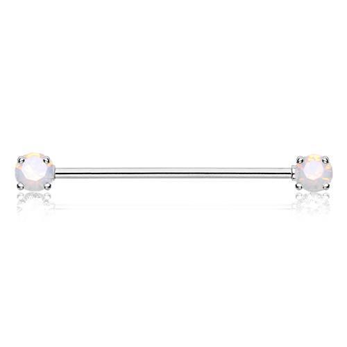 White Double Prong Opal Gem Industrial Barbell - 1 Piece