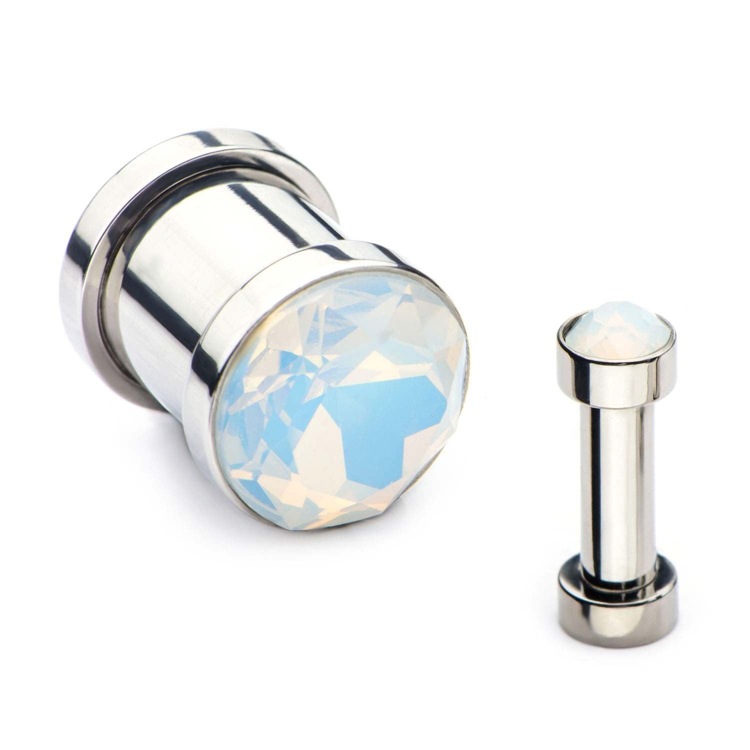 White Faceted Opalite Gem Front Double Flared Ear Gauge Plugs - 1 Pair