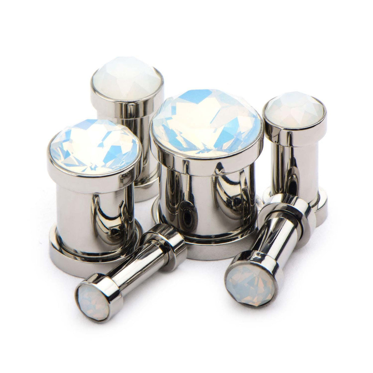 White Faceted Opalite Gem Front Double Flared Ear Gauge Plugs - 1 Pair