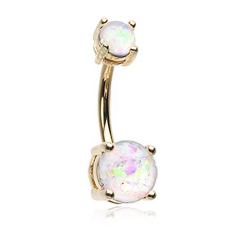 White Golden Opal Sparkle Prong Set Belly Button Ring
