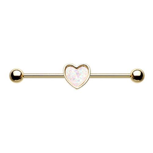 White Golden Simple Opal Heart Inlay Industrial Barbell - 1 Piece