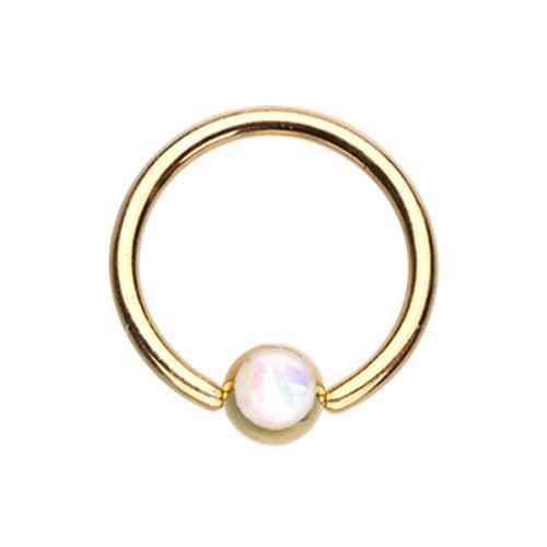 White Golden Synthetic Opal Ball Captive Bead Ring