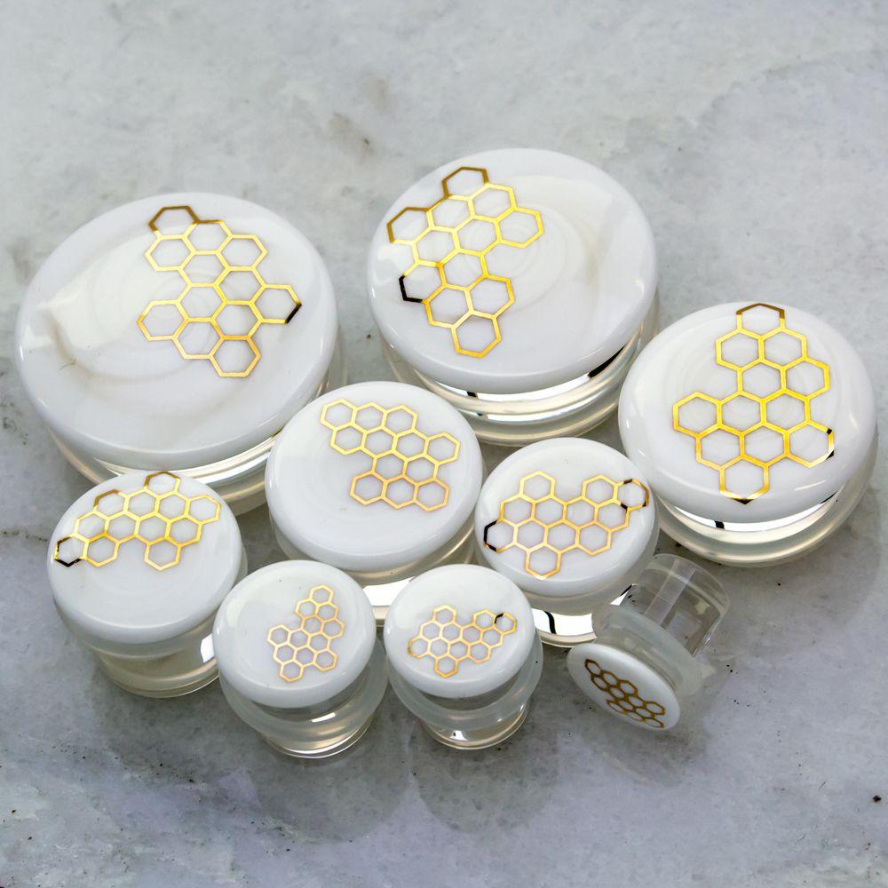 Plugs Earrings - Double Flare White Honeycomb Glass Plugs - 1 Pair -Rebel Bod-RebelBod