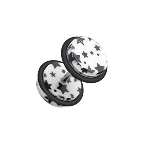 White Multi Star Print Acrylic Fake Plug w/ O-Rings - 1 Pair