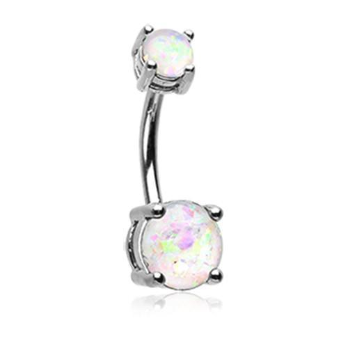 White Opal Sparkle Prong Set Belly Button Ring