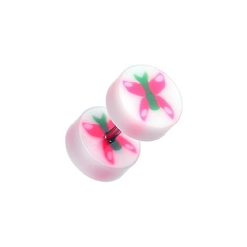 White/Pink Butterfly UV Acrylic Fake Plug - 1 Pair