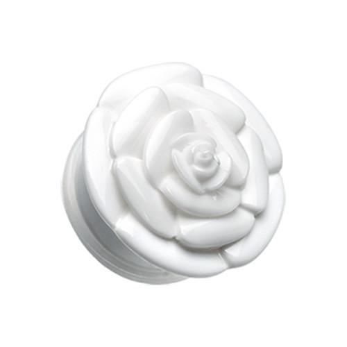 White Rose Blossom Flower Single Flared Ear Gauge Plug - 1 Pair