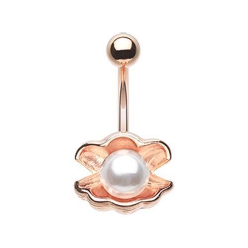 White Rose Gold Ariel&#39;s Shell w/ Pearl Belly Button Ring