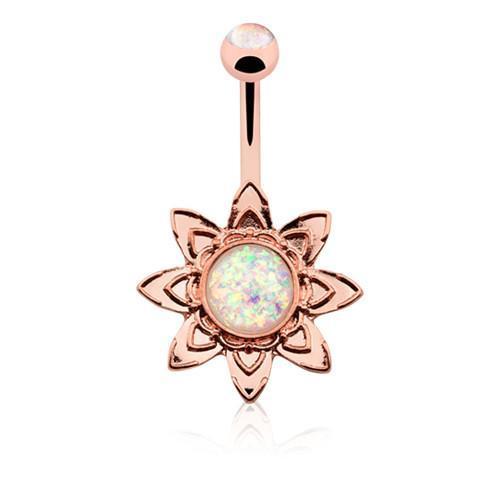 White Rose Gold Blooming Opal Flower Belly Button Ring