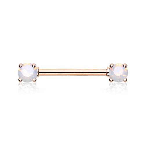 White Rose Gold Double Prong White Opal Gem Nipple Barbell Ring - 1 Piece