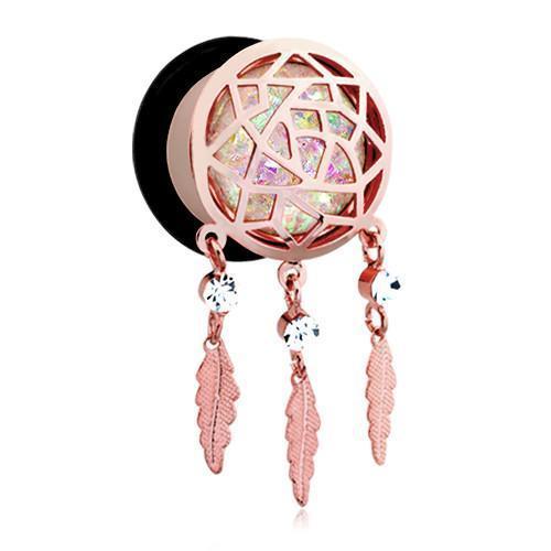 Plugs Earrings - Single Flare White Rose Gold Opal Sparkle Dreamcatcher Single Flared Ear Gauge Plug - 1 Pair -Rebel Bod-RebelBod