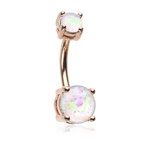 White Rose Gold Opal Sparkle Prong Set Belly Button Ring