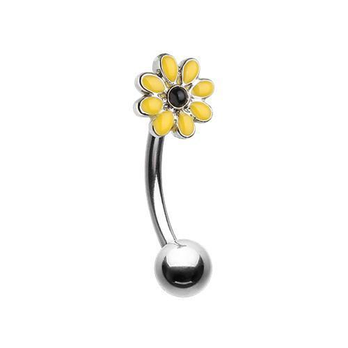 Yellow/Black Dainty Daisy Enamel Curved Barbell Eyebrow Ring