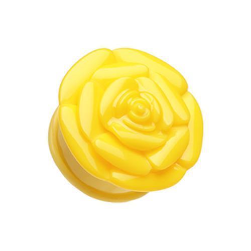 Yellow Rose Blossom Flower Single Flared Ear Gauge Plug - 1 Pair